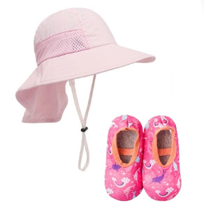 Pack Bebé: 01 Sombrero con protección UPF 50+ - 01 Par de zapatos antideslizantes.