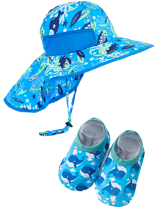Pack Niño: 01 Sombrero con protección UPF 50+ - 01 Par de zapatos antideslizantes